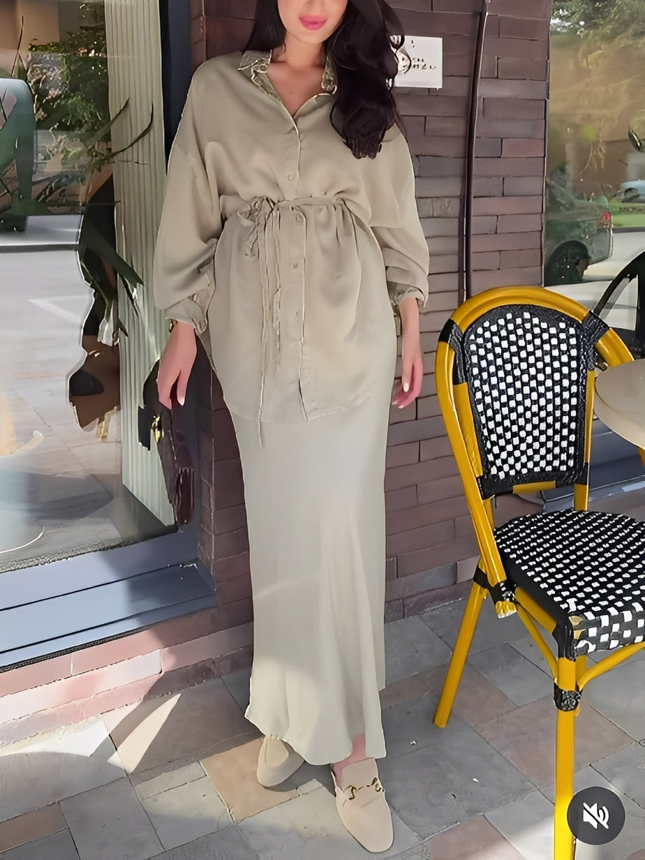 Long-sleeved Tie-Drawstring Shirt and Skirt Set