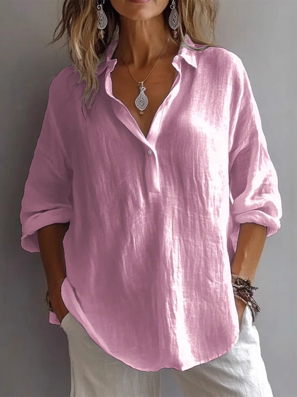 Casual Loose Long Sleeve Linen V-Neck Shirt