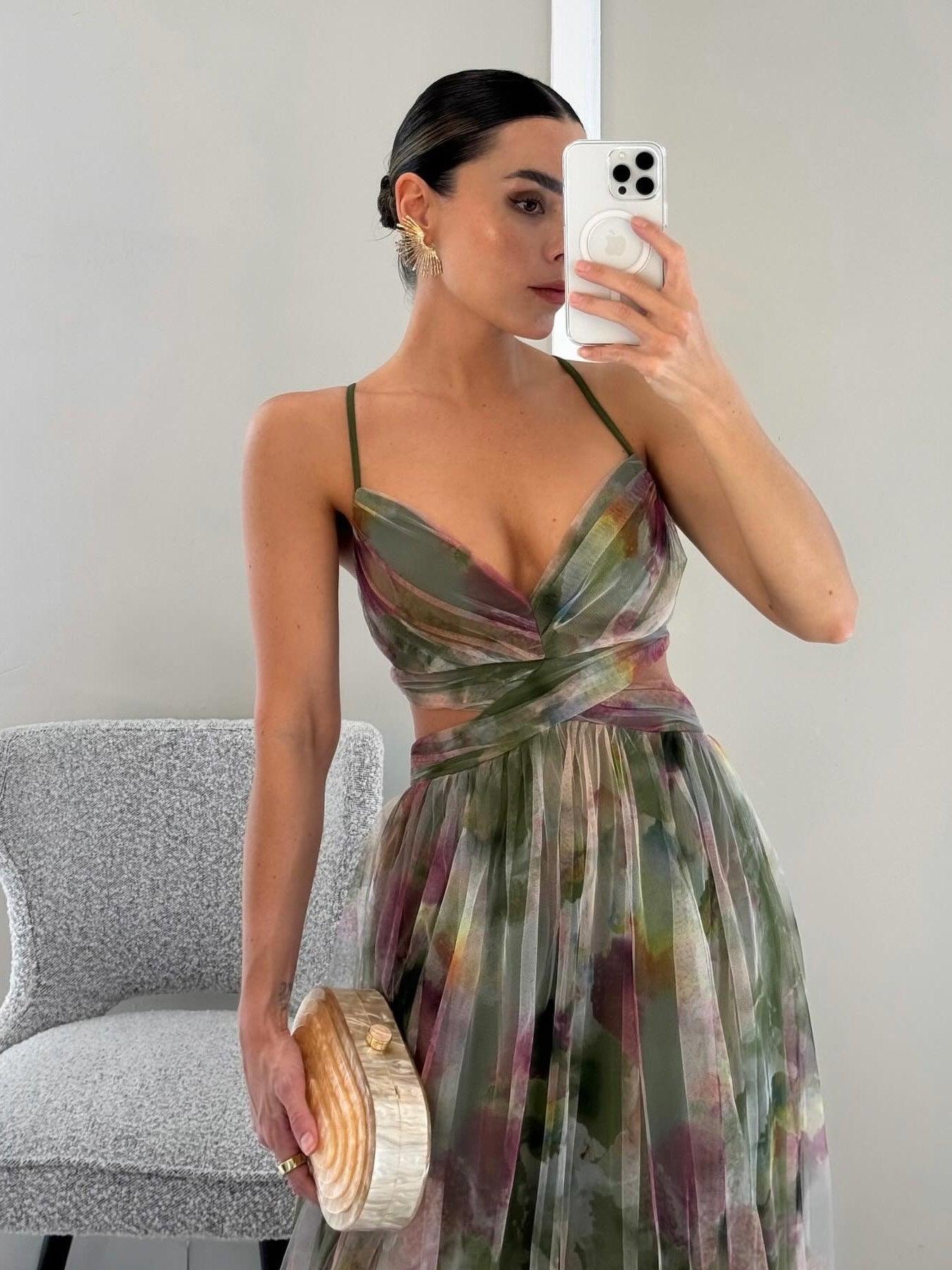 Elegant Painted Floral Print V-Neck A-Line Maxi Dress