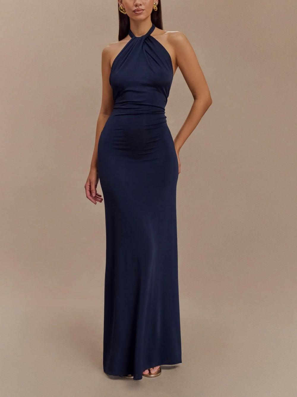 Slinky Halter Maxi Dress - Navy