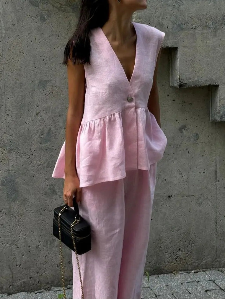 Cotton and linen V-neck ruffled two-piece suit