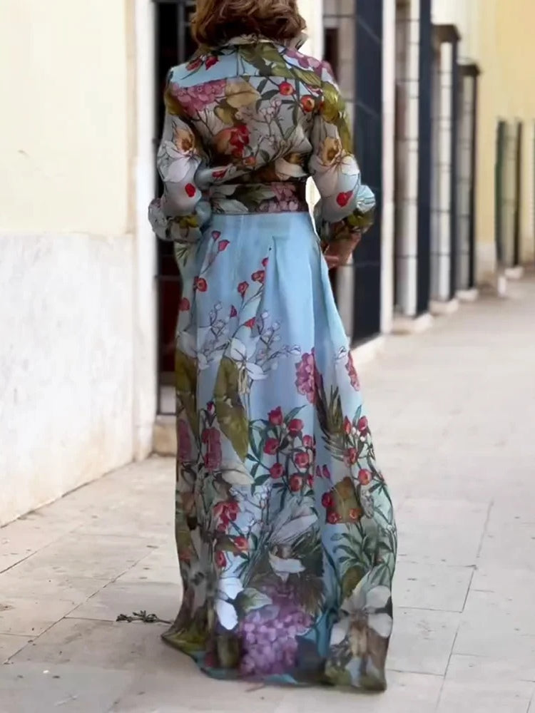 Elegant Floral Print Shirt and Skirt Two-piece Set